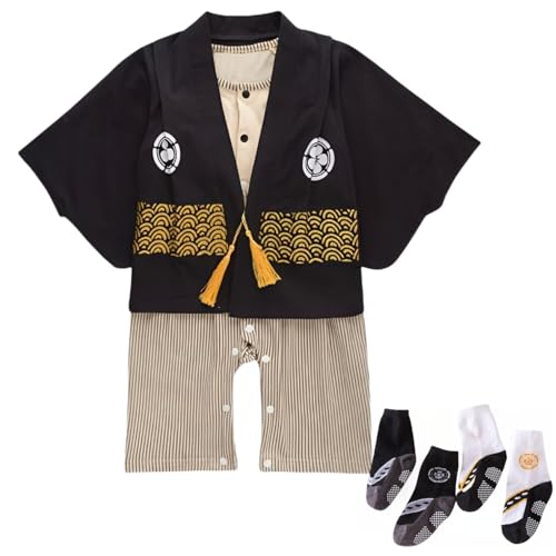 KRUIHAN Kimono Japonés Ropa De Bebé Buzo Bebe Disfraz Bebe Body Bebe Recien Nacido Kimono Japonés,Negro,con 2 Pares de Calcetines,80(12-18 Meses)