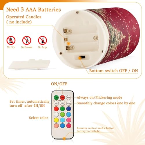 Image of Christmas Lights Flameless Candles Christmas Trees Reindeer Pillar Candles Set of 2 Battery Operated Remote Control Warm Lights Home Decor