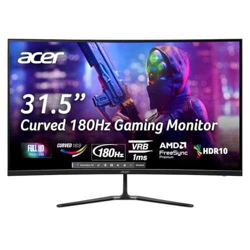 acer Nitro ED320QRS3biipfx Monitor Gaming Curvo FreeSync Premium, 31.5', Display FHD VA,180 Hz, 1 ms (VRB), HDMI 2.0, DP 1.2, Audio out, Zeroframe, Luminosità 250 cd/m2, Cavo HDMI Incluso, Nero