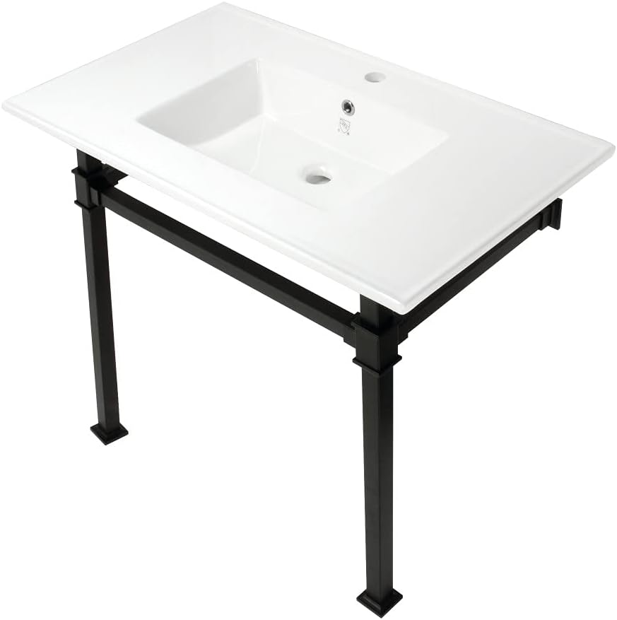Kingston Brass KVPB37221Q0 Monarch 37-Inch Console Sink with Stainless Steel Legs (Single Faucet Hole), White/Matte Black