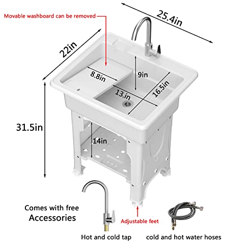 Freestanding Plastic Laundry Sink With Washboard, W25.4" × D22" × H31.5" Indoor And Outdoor Utility Sink With Cold And Hot Water Faucet, Hoses And Drain Kit For Laundry Room, Garage, Basement, Garden #TOP3