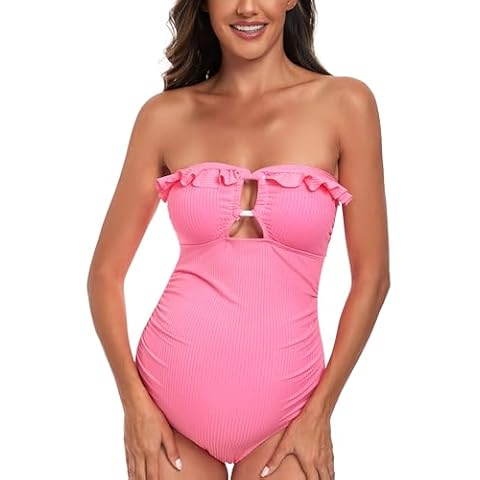EastElegant Maternity Ruffle Ribbed Cutout One Piece Swimwear Square Ring Linked Pregnancy Bathing Suit Pink S Cover