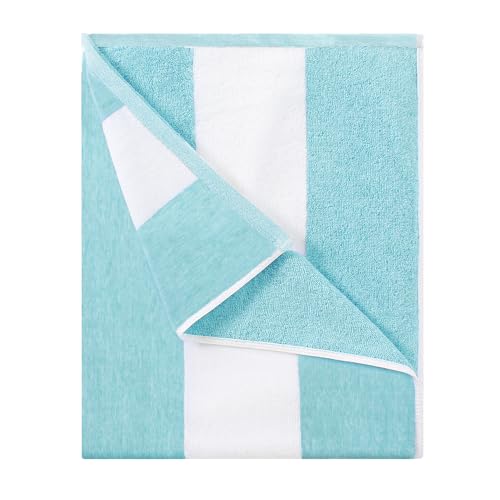 HENBAY Cotton Oversized Beach Towel - Large 70 x 35 Inch Pool Towel, Turquoise Striped Quick Dry Swimming Cabana Towel