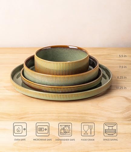 Image of TheTerra Ceramic Dinnerware Sets for 4, 16 Pieces Porcelain Lightweight Plates and Bowls Sets, Scratch Resistant Dish Set, Oven & Microwave & Dishwasher Safe, Sage Umber
