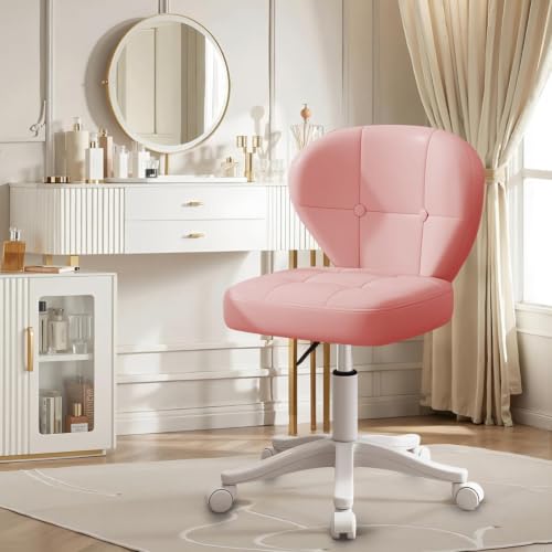Image of Small Office Chair with Lumbar Support, PU Leather Armless Swivel Desk Chair Adjustable Height, Compact Rolling Chair for Home Office, Bedroom, Study (Pink)