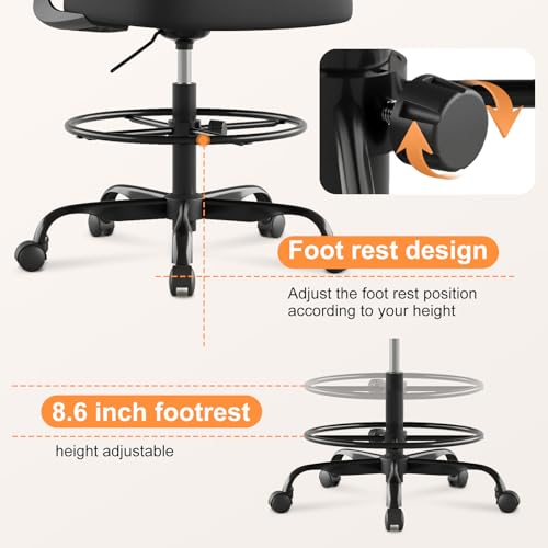 Tall Drafting Chair Ergonomic Home Office Desks Chairs Standing Desk Chair with Flip-up Armrests Adjustable Height Breathable Mesh Office Chair with Lumbar Support and Adjustable Footrest Ring Black - Image 5