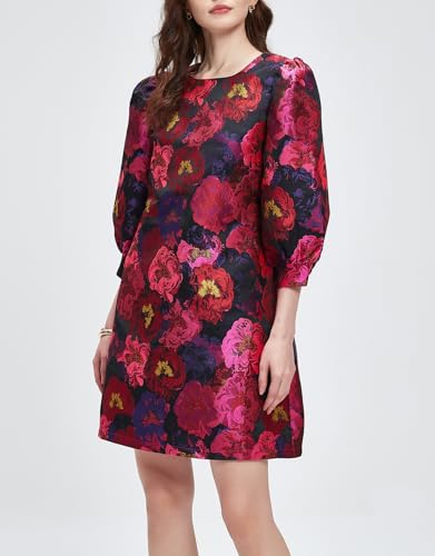Kedera Women's Jacquard Dress Long Puff Sleeves Shift Mini Elegant Floral Dress Summer Business2