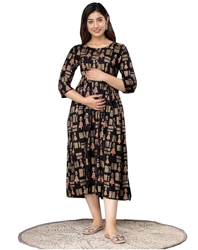 Image of Vinny's Creation Women's Cotton Maternity Kurti | Floral Printed Feeding Kurta with Hidden Zipper | Stylish Pregnancy Gown & Nursing Dress for Womens