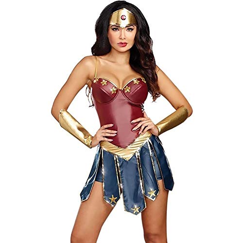 BCOSPLAY Halloween Disfraz Sexy Mujer Maravilla Ropa, con Tocado Y Protector De La Mano, Cosplay Héroe de La Liga Gladiador Juego Uniforme (Color : Wonder Woman, Size : M)