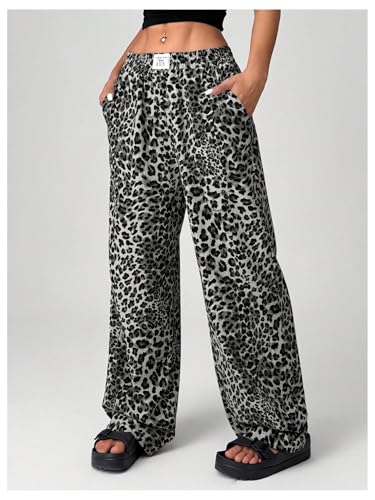 Image of RoseSeek Women's Letter Leopard Print Y2K Straight Elastic Waist Leg Pants | Cheetah Print, Straight, Baggy Loose Fit, Slant Pocket, Streetwear, Vintage, Graphic Trousers