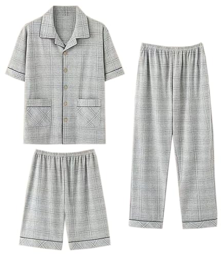 Mens Cotton Pajama Set Short Sleeve Classic Button Down Sleepwear Loungewear with Shorts and Pants