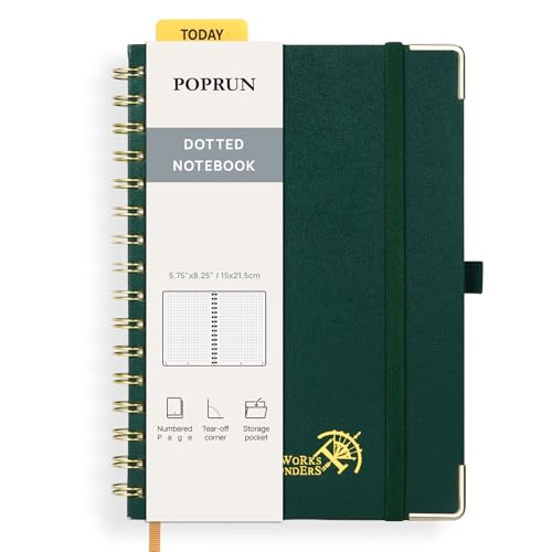 POPRUN Cuaderno de Notas con Espiral, Dotted Pages, Tamaño A5, Papel Grueso de 120 GSM, 141 Páginas Numeradas, con Bolsillo, Pestañas de Indice, 8 Hojas Perforadas, Verde Oscuro