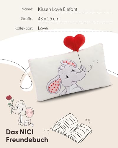 Kissen Love Elefant 43x25cm beige - Flauschiges Kuscheltierkissen für Jungen, Mädchen, Babys und Kuscheltierliebhaber: ideal für Zuhause, Kindergarten oder unterwegs