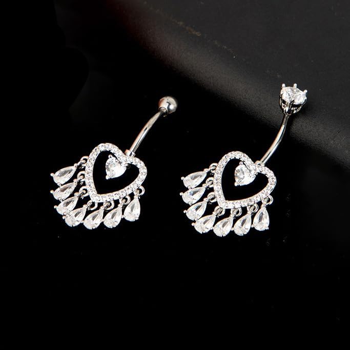 14G CZ Heart Tassel Dangle Belly Button Rings for Women Stainless Steel Cubic Zirconia Dangling Belly Navel Ring Belly Barbell Studs Hypoallergenic Navel Body Piercing Jewelry - Image 4