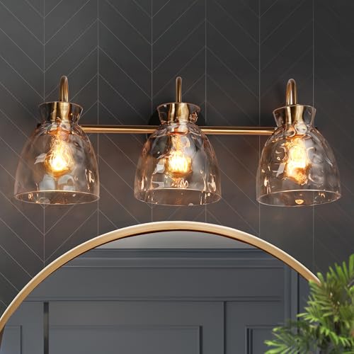 Image of KSANA Black Gold Bathroom Light Fixtures, 3 Light Modern Vanity Lights with Textured Glass Mid-Century Bathroom Vanity Lighting for Bedroom, Kitchen, Powder Room, Black & Electroplated Brass Finish