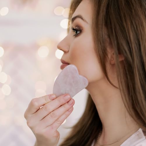 Crystallove Gua Sha Piedra con Cuarzo Rosa – Rodillo de masaje Jade – Forma de corazón – Guasha Board – Masaje facial para cara, ojos, hinchazón de los ojos, estiramiento de la piel de la cara – - imagen 8