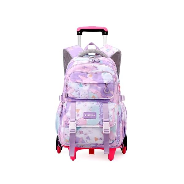 Kids Rolling Backpack for Girls School Backpack with Wheels for Girls Wheeled Bookbags Roller Trolley Bags for Primary Students, 6-Wheel Purple