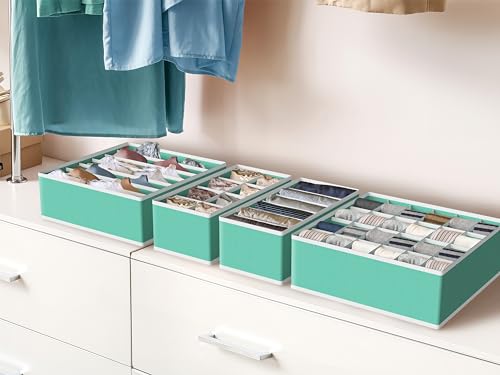 Image of Simple Houseware 4-Pack Drawer Organizer Set - Closet Dividers for Underwear, Socks, Bras, Scarves, Ties - Foldable Non-Woven Storage Boxes, Turquoise