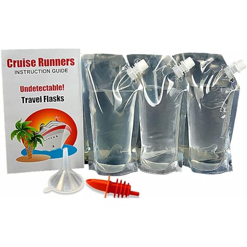 CRUISE RUNNERS Cruise Ship Flask Kit Sneak Alcohol Rum Runners for Cruises Hide Liquor Smuggle Booze Plastic Pouch Bags Travel Funnel 3 x 32oz