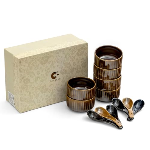 Image of Clay Craft Fine Ceramic 12-Piece Soup Bowl Set | 6 Soup Bowls with 6 Spoons | Striped Glossy Design | 350 Ml Capacity | Microwave & Dishwasher Safe | Ideal for Soup, Snacks & Noodles | Golden Brown