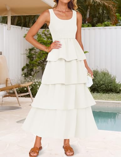 ZESICA Women's 2025 Summer Boho Sleeveless Midi Dress Scoop Neck Ruffle Tiered Layered Swing Long Beach Vacation Dresses2