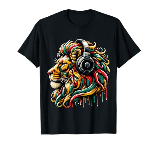 Rasta Reggae Music Headphones Jamaican Lion of Judah T-Shirt