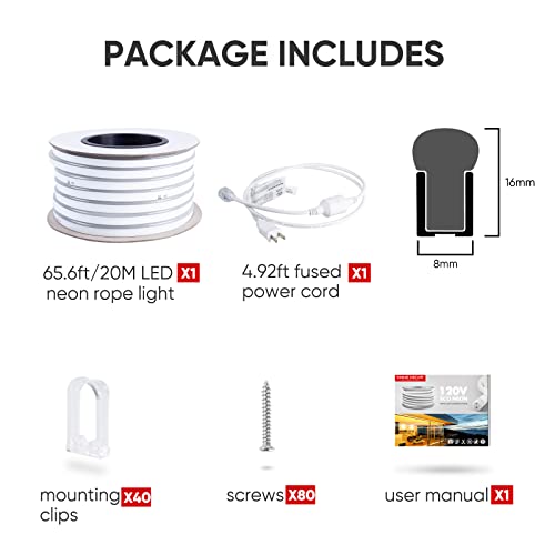 Shine Decor Led Neon Rope Lights 65.6Ft/20M Cool White, Etl-Listed Flexible Neon Led Strip Light Ip65 Waterproof Indoor Outdoor, Ac 110V-120V Cuttable Connectable Neon Rope Lighting 120Leds/M Quality #TOP5