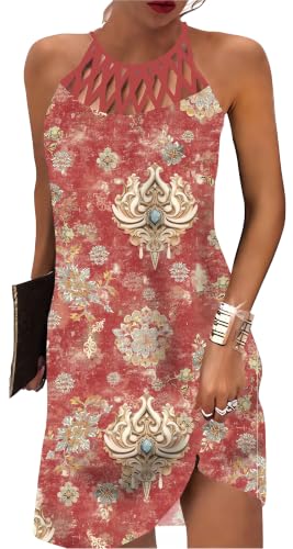 Image of Size XL Golden Flowers Summer Dresses for Women 2026 Casual Floral Hollow Out Halter Neck A-line Beach Vacation Holiday Sundresses