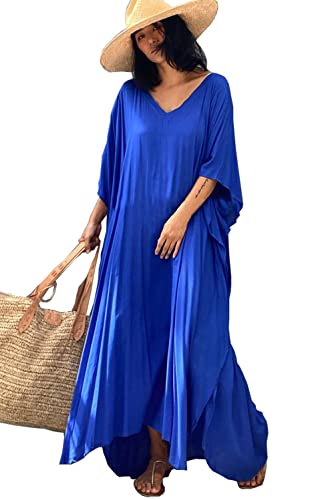 LikeJump Damska sukienka plażowa Boho Kaftan Stroje kąpielowe Kimono Maxi Sukienka Plus Size Tpos, A niebieski, Rozmiar uniwersalny