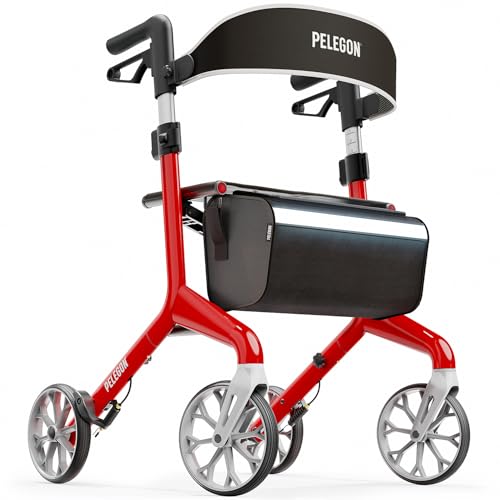 Pelegon Rollator Walker with Seat for Seniors Lightweight Foldable Walker with Padded Seat & Backrest Adjustable Handles Reflective Frame Carry Bag Heavy-Duty 300lb Support - Red