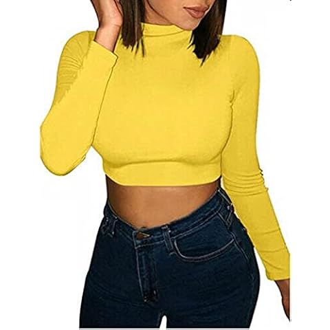 NAZ Fashion Girls Ladies Turtle Neck Crop Ladies Long Sleeve Plain Polo Short Stretch Top Yellow Cover