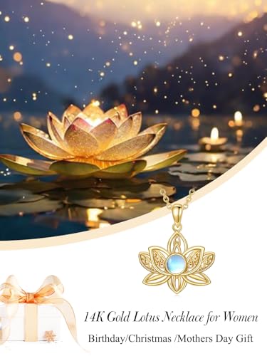 14K Gold Lotus Flower Necklace Moonstone Alcoholics Anonymous Lotus Pendant Necklaces Jewelry for Women Birthday Christmas Valentines Day Gifts for Her Mom Wife,16+2 Inch2