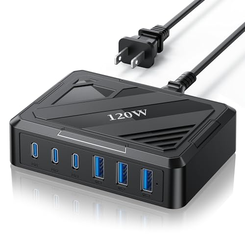 Image of MaxLax 120W 6-Port USB Desktop Rapid Charging Station, 3 USB-C Ports + 3 USB-A Ports, PD & QC Smart Adaptive Charging, Compatible with MacBook /iPhone /Samsung /iPad and More(Black)