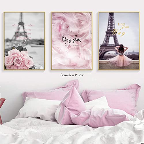 Eiffel Tower Canvas Wall Art Pink Flower Painting Wall Decor Romantic Paris Wall Art For Girls Room Paris Eiffel Tower Picture Eiffel Tower Posters Wall Pink Feather Wall Art 16X24Inchx3Pcs No Framed #TOP3