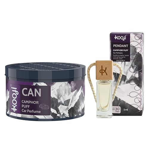 Image of Kooji Can Car Perfume + 5ml Car Hanging Perfume Pendant (Free) - Camphor Puff Scent - Long-Lasting, Alcohol-Free, Oud & Saffron Oriental Fragrance - For Car, Home, or Office Use - Lasts Up to 60 Days