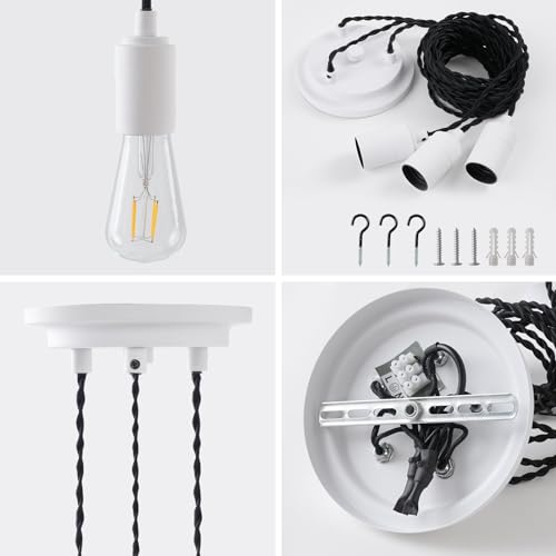 JIAHUA 3Lights White Industrial Pendant Light Fitting,Multiple Spider Ceiling Pendant Lamp Chandelier with Adjustable 3M Twisted Braided Cable E27 Lamp Holder - Image 3