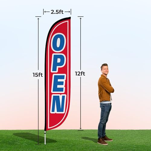 Image of LookOurWay Feather Flag Pole Kit - 12 Feet Tall Advertising Flag Banner with Fiberglass Pole Kit and Ground Spike for Business Promotion - Grand Opening Flags - Open Red & Blue (10M1200106)