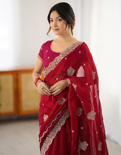 Image of SIRIL Women's Chiffon Scalloped Border Sequins Embroidery Saree with Unstitched Blouse Piece