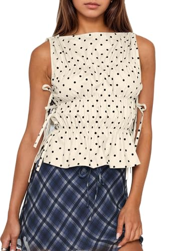 Women Polka Dot Sleeveless Peplum Tops Side Bow Tie Ruched Smocked Tank Tops Boat Neck Summer Going Out Shirts