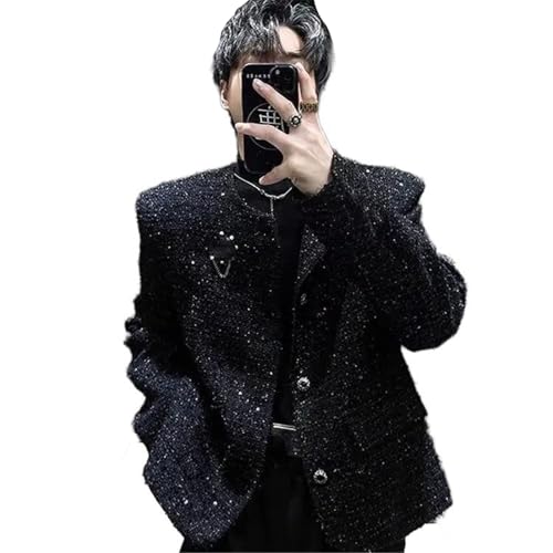 Manteau noir à paillettes en tweed grossier large avec épaulettes veste homme haut de gamme