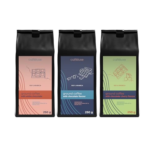 Cafféluxe 100% Arabica Flavoured Ground Coffee - 3 x 250g - White Chocolate, Cherry Chocolates