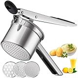 Yuehuam Prensador de patatas con 3 discos, acero inoxidable resistente para puré de patatas, triturador manual de patatas, prensa y herramienta de cocina, color negro