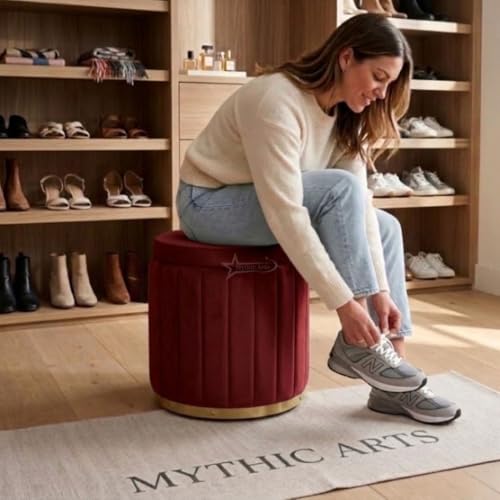 Image of Superior Round Storage Ottoman Stool 16 X 16X 19 inch, with Gold Metal Base | Elegant Pouffe with Secret Storage | Cushioned Footrest for Living Room, Bedroom, and Lounge Maroon