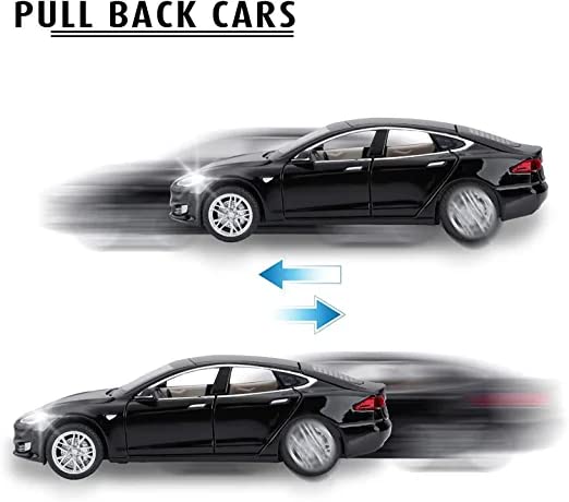 Image of DEOXY 1:32 Scale Tesla Model S Die-Cast Toy Car - Black Electric Car Model with Openable Doors, Hood & Trunk, Pull Back Action, Light & Sound Effects - Metal Body for Kids (Black)