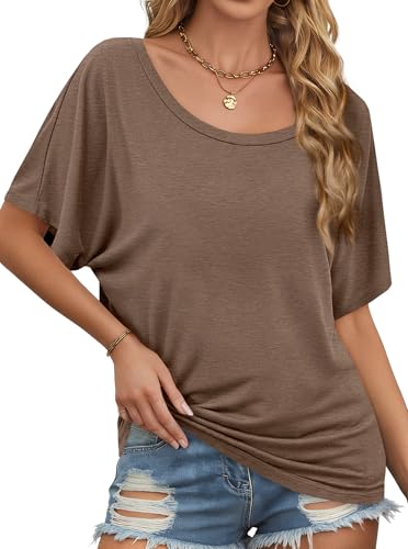 Image of Hilinker Womens Sexy Off The Shoulder Tops Short Batwing Sleeve T Shirt Oversized Casual Tee Coffee Brown Large