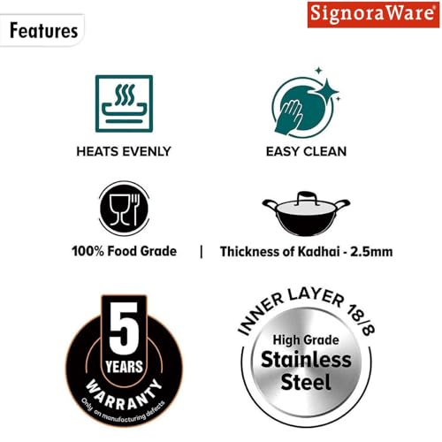 Image of Signoraware Artista Tri Ply Stainless Steel Hammered Deep Kadhai 26cm with Steel Lid | Elegant Finish | Even Heat Distribution | Ideal for Deep Frying & Daily Indian Cooking Needs (4 LTR | Steel)