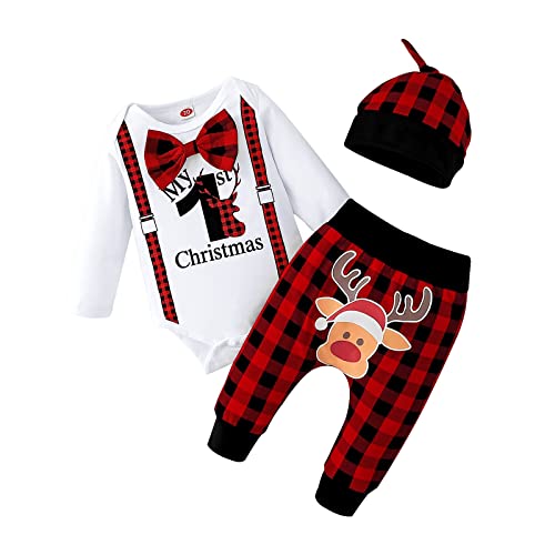 Image of Aenbilo My 1st Christmas Oufit Christmas Baby Boy Outfit Baby Boy Clothes Infant Romper Red Plaid Pants Hat 3Pcs 0-18 Months