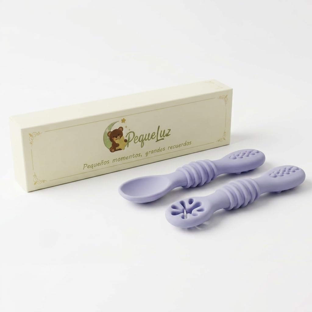 Cucharas Bebé 6 Meses BLW – Set 2 Cubiertos Bebé Silicona LFGB | Cucharas Aprendizaje Antiahogo | Fácil Agarre | Sin BPA | PequeLuz
