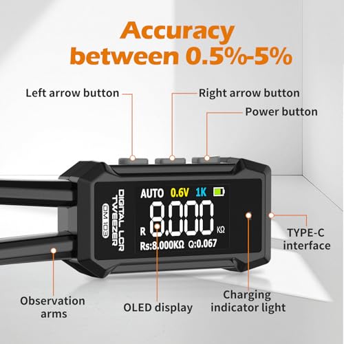 400mAh Hochkapazität LCR-Messpinzette 60H Induktivität 0,5% Präzision SMD-Kondensator Prüfung Elektronikbauteile Messung OLED Selbstkalibrierung TYPE-C