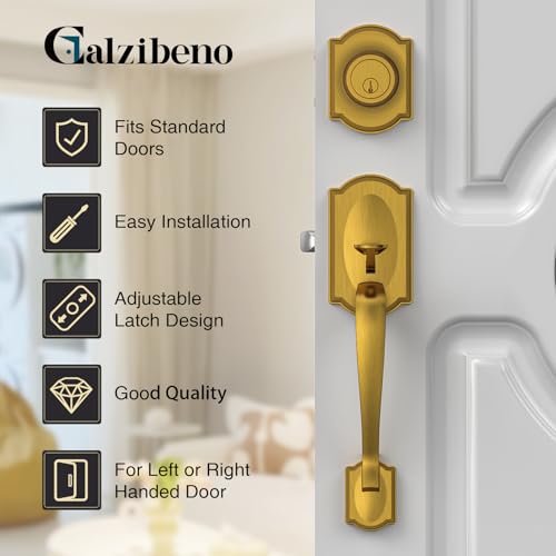 Image of Front Door Lock Set, Brass Front Door Handle and Deadbolt Set, Vintage Exterior Door Lock Set, Front Door Handle with Single Cylinder, Reversible for Right & Left, Antique Brass